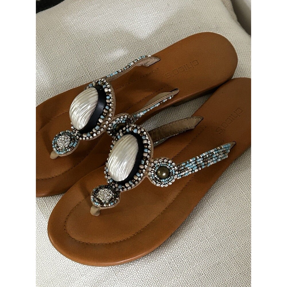 Chico's Flip Flop Sandals Size 9 Beaded Rhinestone Stone Artsy Coastal Thong - Picture 4 of 8